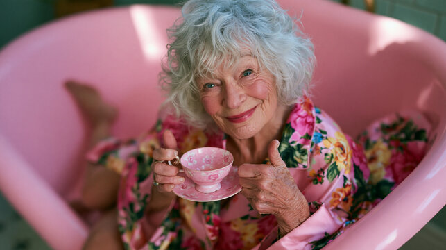Quirky Senior Woman Drinking Tea in Pink Bathtub
