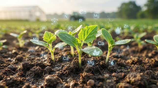 young plant sprouting with chemical fertilizer nutrient icons concept of smart agriculture and soil nutrition