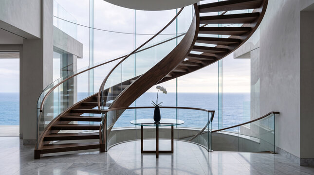 Grand escalier courbe dans un int&eacute;rieur vitr&eacute; face &agrave; l&rsquo;oc&eacute;an