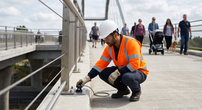 Bridge inspector installing vibration sensor for structural health monitoring on pedestrian footbridge. Concept of bridge inspection, civil engineer, infrastructure.