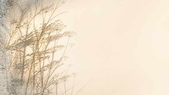 Autumn winter 2026 minimalist background: soft shadows of dried grasses, umbels and bare branches on a warm ivory wall with pale frost edge, large copy space for beauty and wellness brands.