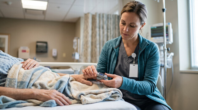 Nurse Checking Patient Pulse Oximeter Reading in Hospital Ward Room. Concept of clinician, monitoring, healthcare, oximetry, oxygen saturation, vital signs.