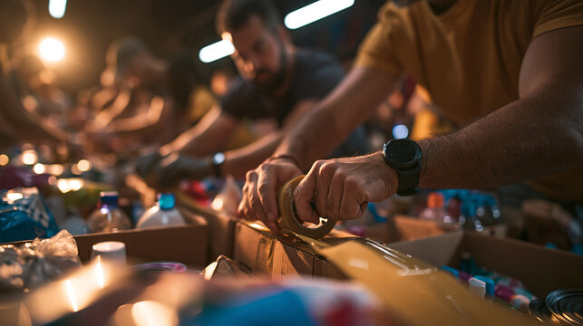 Volunteers Packing Donation Boxes for Humanitarian Aid Relief