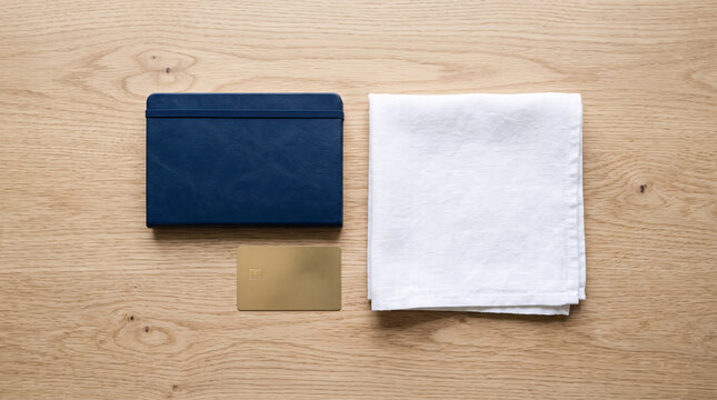 Carnet bleu, serviette blanche et carte sur table en bois