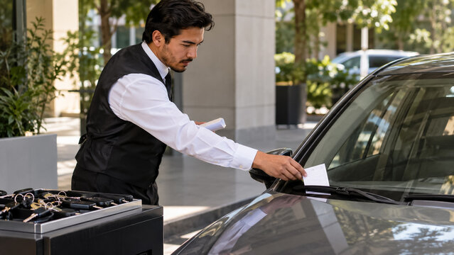 Professional valet parking attendant placing claim ticket on car windshield near hotel entrance. Concept of valet service, luxury hotel.