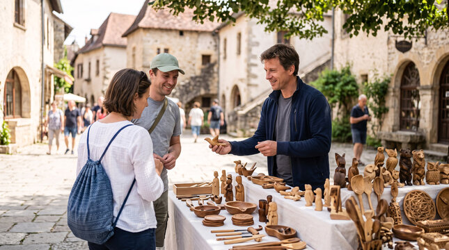 Vendeuse &eacute;changeant avec une cliente sur un march&eacute; artisanal
