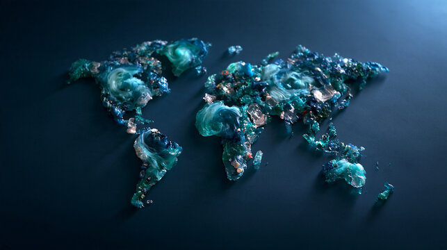 Abstract World Map Made of Blue Crystalline Materials