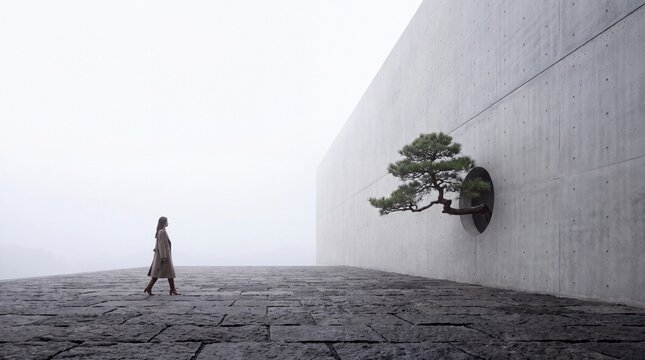 Minimalist Concrete Architecture with Bonsai Tree and Walking Woman