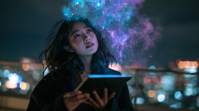 Asian Woman with Glowing Cosmic Galaxy Mind Holding Tablet