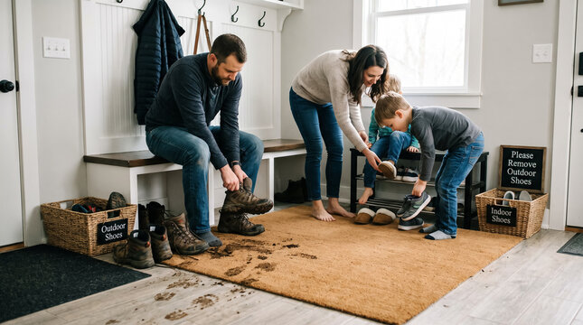 Family taking off dirty outdoor shoes and changing into slippers in hallway entryway. Concept of indoor, mudroom, muddy rug.