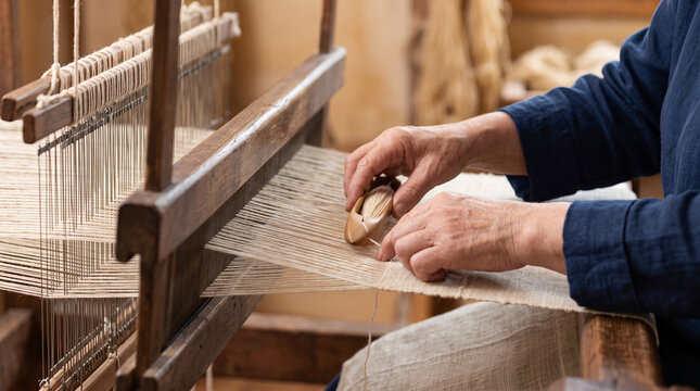 Mains d&rsquo;artisan travaillant sur un m&eacute;tier &agrave; tisser traditionnel