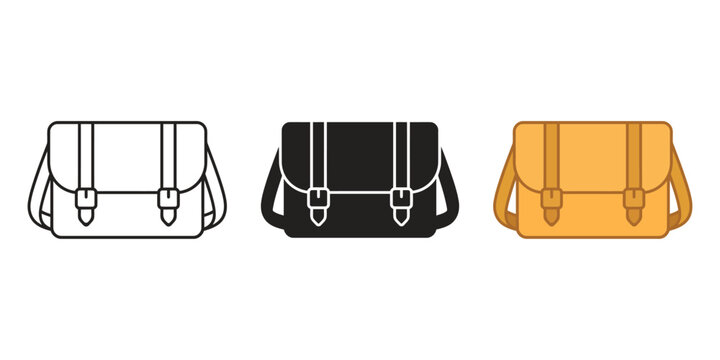 Messenger bag or satchel for carrying items, vintage style shoulder bag depicted in outline, black, and yellow for school or travel.