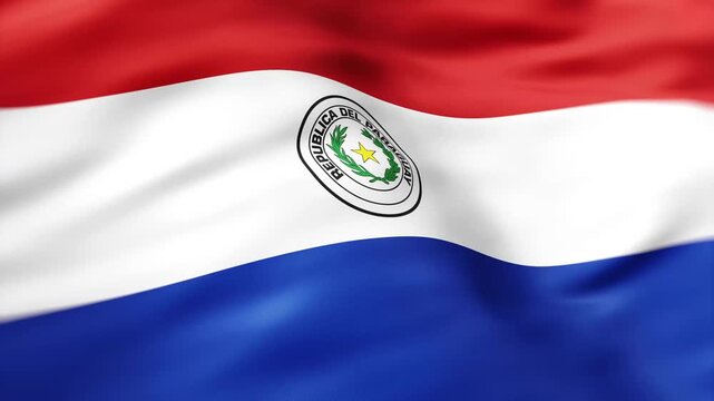 Realistic Paraguay flag waving in the wind with detailed fabric folds and national emblem background
