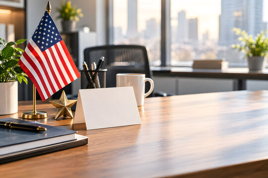 American flag with a blank card on an office desk in a bright business building patriotic decor desk accessories united states usa flag national pride business meeting modern office desk setup