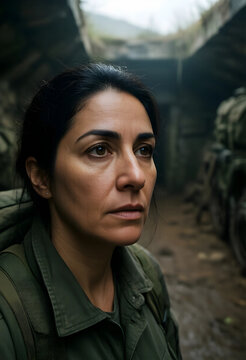 War trauma and military stress, female soldier with ptsd symptoms in a dark trench, mental health struggle and combat fatigue in a conflict zone