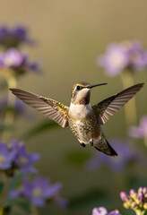 Fototapeta premium Pollination and biodiversity concept, hummingbird in flight hovering near purple flowers in a natural garden setting with soft sunlight and bokeh
