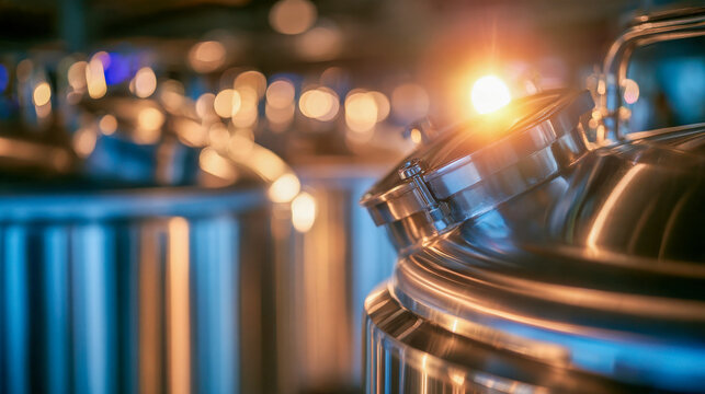 Stainless steel fermentation vessels inside a modern brewery facility illuminated by warm light, representing beer production, brewing technology and beverage manufacturing