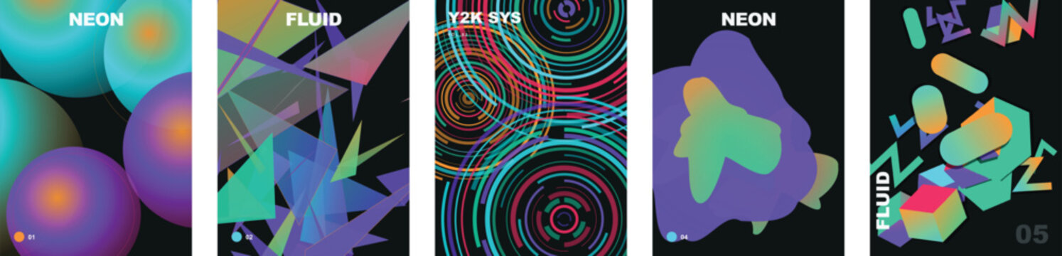 Vibrant neon gradient poster templates set. Vector modern cover layouts with concentric circles, sharp triangles, liquid blobs, capsule bars and geometric cubes for creative branding collections