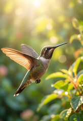 Fototapeta premium Biodiversity and nature conservation, hummingbird in flight with wings spread in a garden, wildlife photography and environmental protection