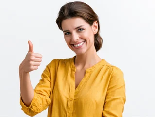 Portrait of a business woman wearing a bee-yellow business blouse, one thumb up, before white background © britaseifert