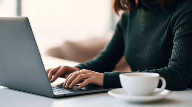 Woman's Hands Typing on Laptop Keyboard Beside Coffee Cup