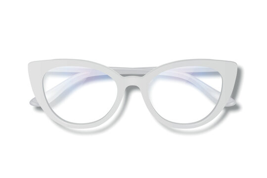 Cat Eye Glasses Vector Illustration. 3d White Cat Eye Glasses with Shadow, Top View, Front View. Retro Women Eyewear Illustration with Clear Lenses. Fashion Accessory Isolated