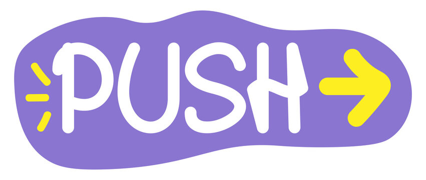 Push Button Sign with Right Direction Arrow Symbol Cute Purple Wavy Badge Sticker Isolated on Transparent Background