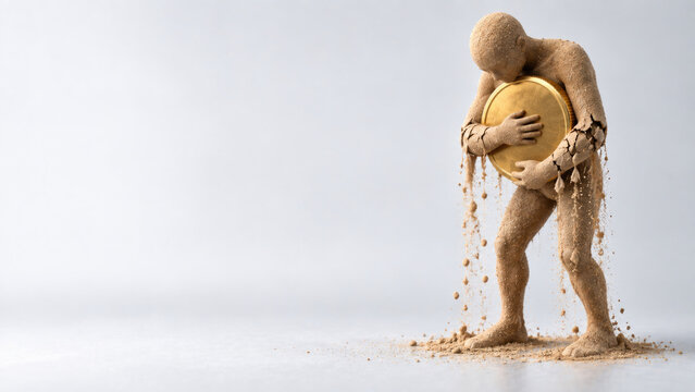 Crumbling sand figure hugs a large gold coin. Space for text.