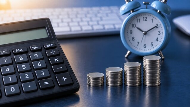 Calculator, rising coin stacks and alarm clock represent money growth over time