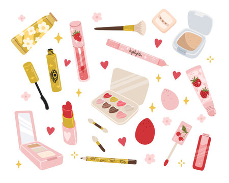 Girly makeup collection. Set of cosmetic with palettes, brushes, lipstick, lip gloss, mascara and cute face skincare beauty product isolated on white background. Flat vector illustration, hand drawn.