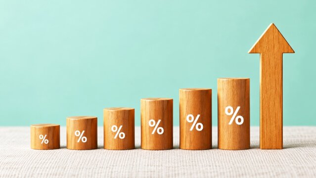 Increasing wooden percentage blocks and upward arrow represent rising interest rates
