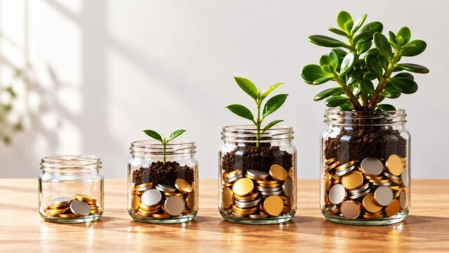 Increasing jars of coins and growing plants visualize compounding savings over time