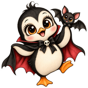 A whimsical cartoon penguin dressed as a vampire, complete with a cape and a small bat companion, strikes a playful pose, ready for Halloween festivities.