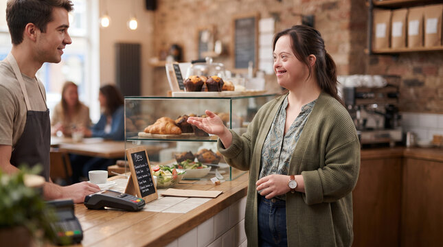 Woman with Down syndrome ordering food at a cafe counter from a barista