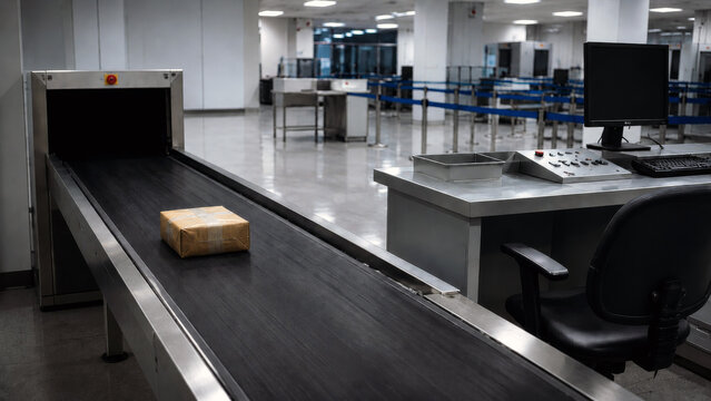 Small parcel moving through an airport security X-ray scanner on a conveyor belt in an empty inspection area