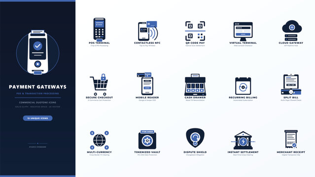 Payment gateway point of sale vector icon collection, ecommerce checkout card reader pos terminal symbols.
