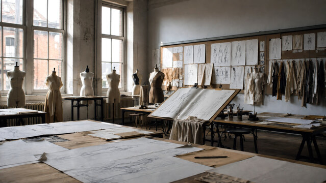 Empty fashion design studio with dress forms, garment sketches, fabric samples and pattern drawings on large worktables