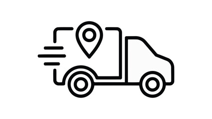 Fototapeta premium Delivery van with location marker a black line icon on a white background