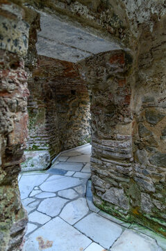 Brick pillars and marble floor of the Catacomb of Saint John the Baptist, Roman nymphaeum turned baptistery, Thessaloniki, Greece