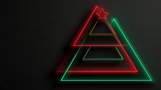 Glowing neon Christmas tree with red and green geometric triangles and star topper on black background dark holiday overlay design