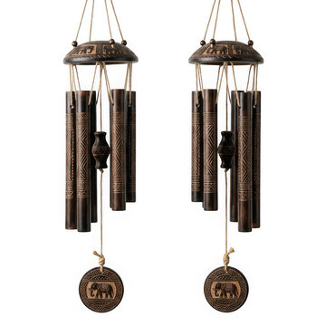 Two traditional bamboo wind chimes with elephant carvings isolated on transparent background
