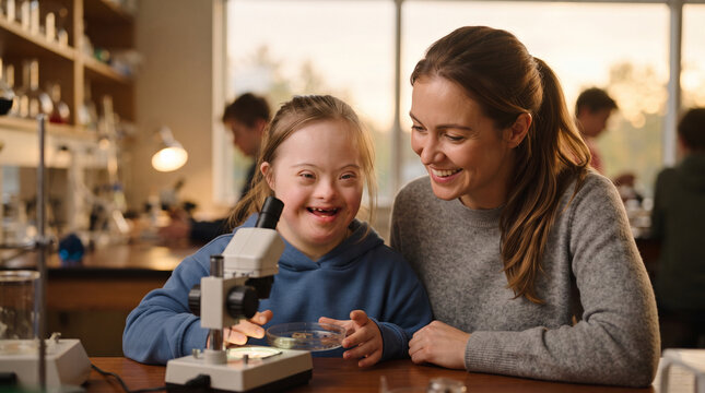 Smiling student with Down syndrome using a microscope in a science lab with a supportive teacher.