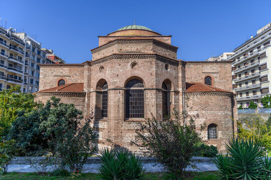 East side of Hagia Sophia with brick apse and dome, Byzantine cathedral of Thessaloniki, Greece