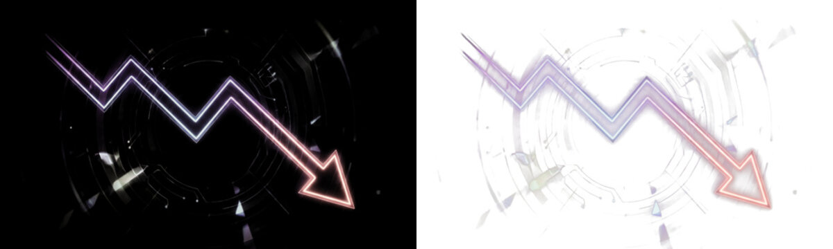 PNG image of a glowing neon financial downturn arrow chart. Transparent background asset for business analysis, market crash, and economy loss presentations.