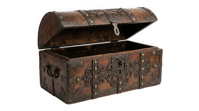 Antique wooden chest with ornate metal fittings isolated on transparent background