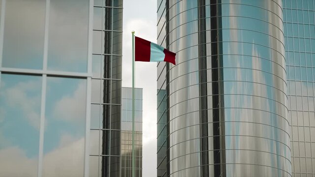 Peru Flag 3D Render Animation on Pole with City Buildings