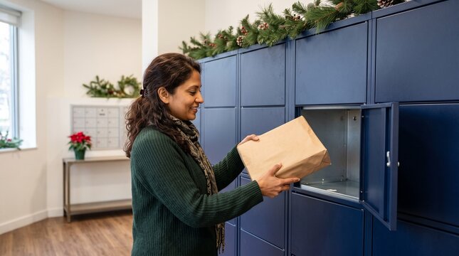 Woman placing package into smart locker decorated with holiday greenery and pinecones