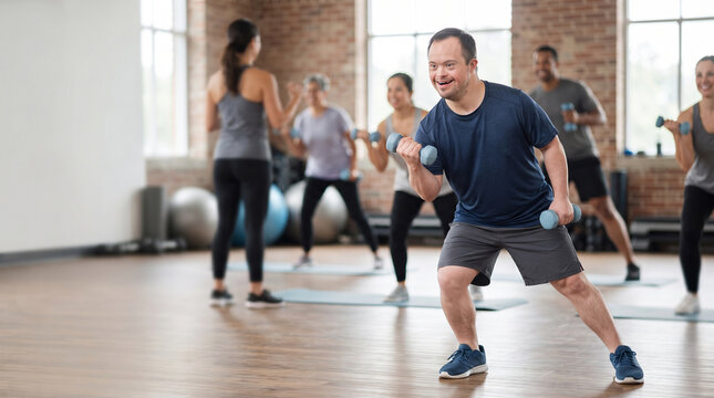 Cheerful young man with Down syndrome lifting dumbbells during a group fitness class at the gym