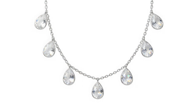 Elegant silver necklace with clear teardrop crystals isolated on transparent background