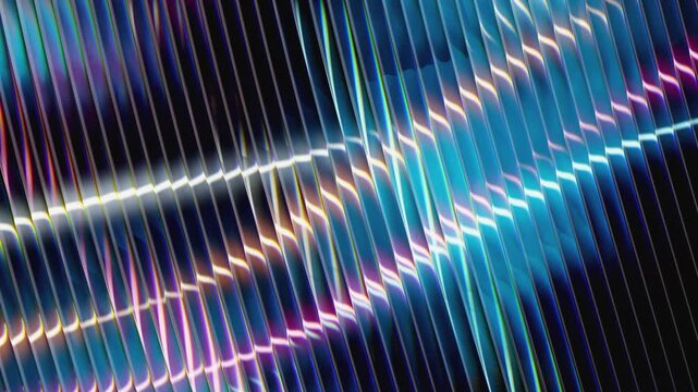Soft cyan, magenta and orange light flows behind a ribbed fluted glass panel, splitting into rainbow refraction along every flute. Full-frame abstract background. Seamless 4K loop.